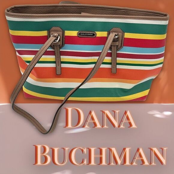 Large Dana Buchman Stripped Colorful Tote Faux Leather - Picture 1 of 15